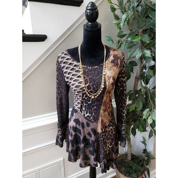 Fleur De Lis Tunic Top Women Medium Multicolor Long Sleeves Round Neck Pullover - Picture 2 of 13